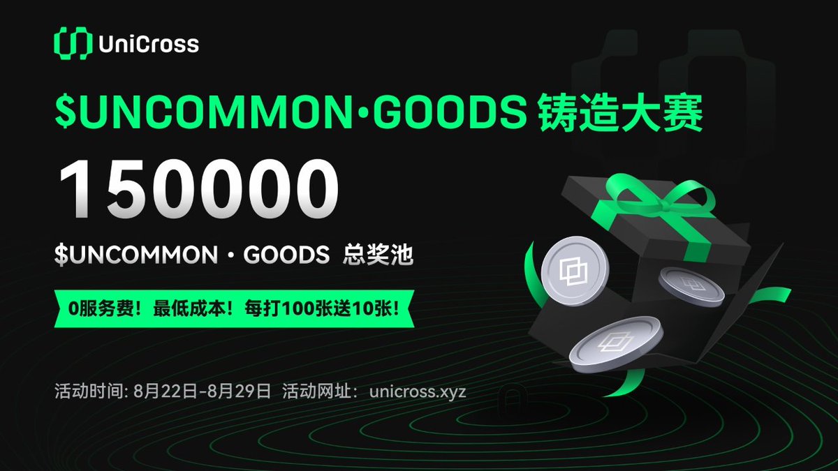 🎁🎁0号符文铸造大赛福利抽奖！🎁🎁

总奖励150000 UNCOMMON•GOODS

0服务费，全网最低成本 每打100送10 

另外可享受年化104%质押收益和直接在DEX交易！

🎁 50UNCOMMON•GOODS*6 #Giveaway
✅关注<a href="/xiaoqianbao/">xiaoqianbao.sats</a> &amp; <a href="/UniCrossGlobal/">UniCross</a>
✅赞+转
⏳48H
😍 梅林二层付款 主网一层铸造
😇 免费跨链