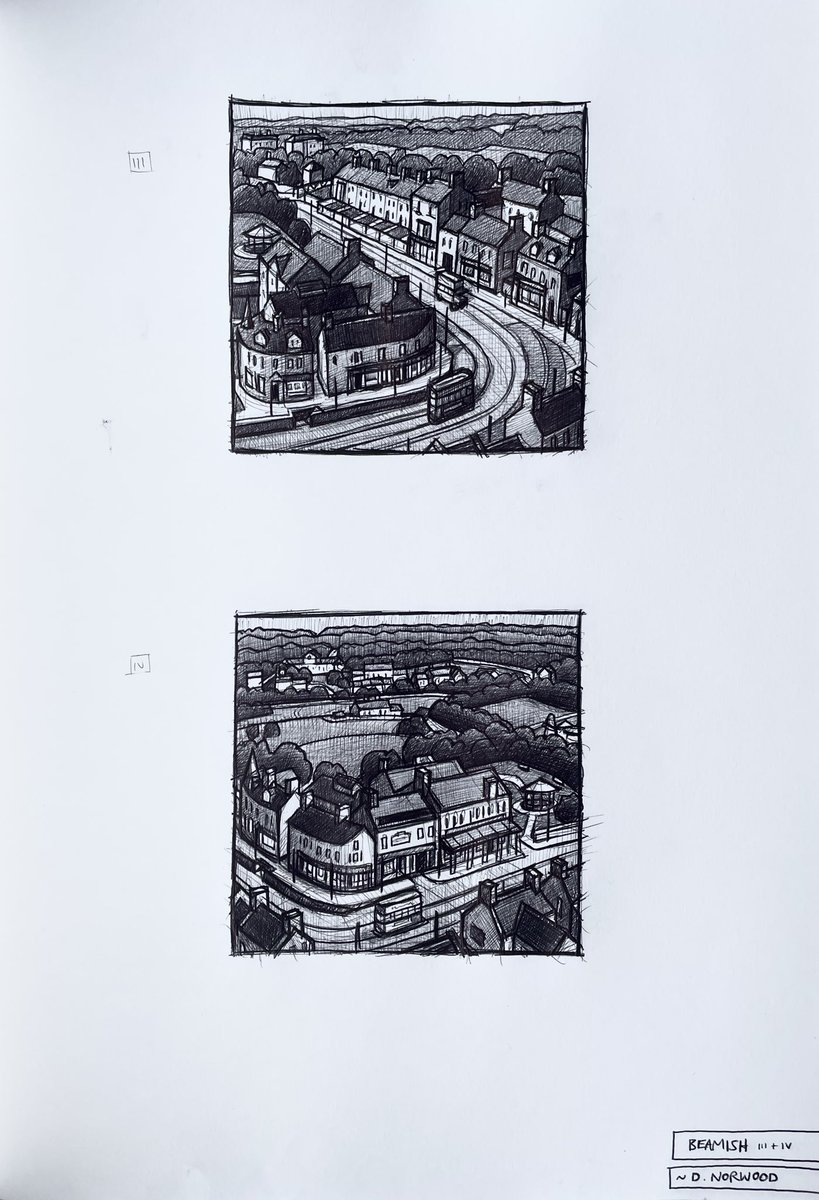 JimEdwardsArt's tweet photo. Biro sketches for the next commission of Beamish Museum. 
The world famous open air museum takes up such a vast area, it was a challenge to include as many of the locations as possible, including the 1900’s town, pit village &amp; colliery. https://t.co/Evy0AFI4JQ