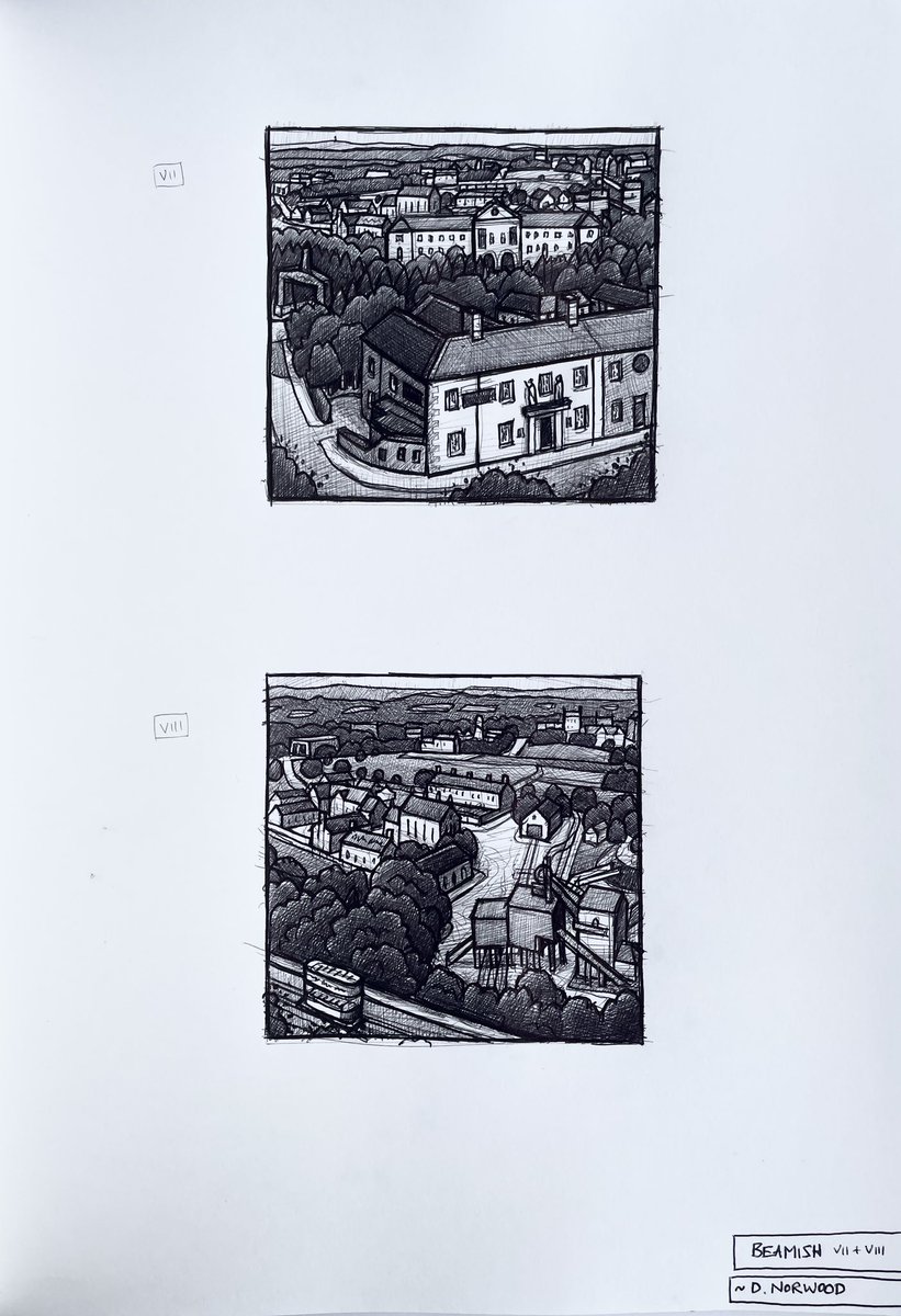 JimEdwardsArt's tweet photo. Biro sketches for the next commission of Beamish Museum. 
The world famous open air museum takes up such a vast area, it was a challenge to include as many of the locations as possible, including the 1900’s town, pit village &amp; colliery. https://t.co/Evy0AFI4JQ