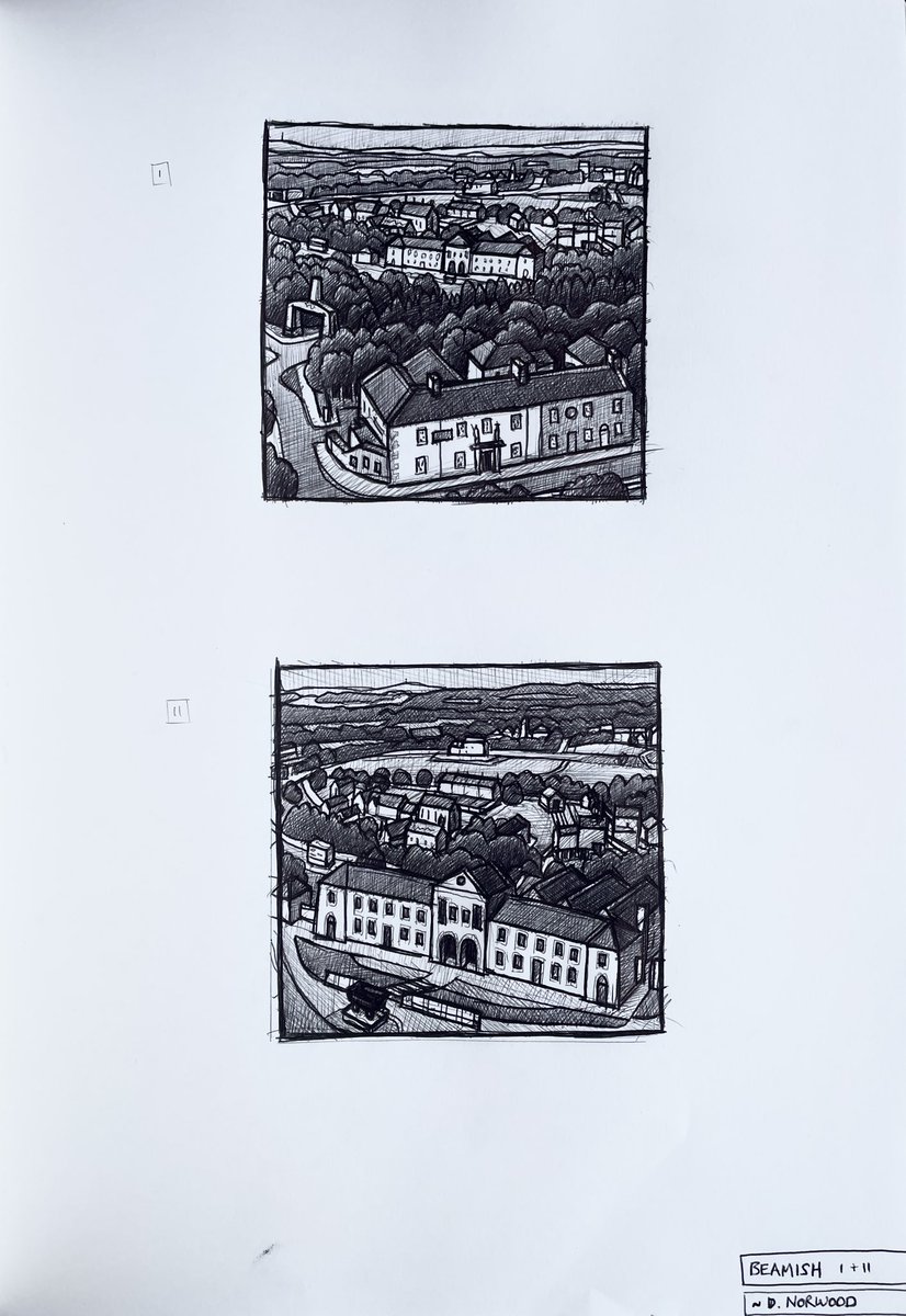 JimEdwardsArt's tweet photo. Biro sketches for the next commission of Beamish Museum. 
The world famous open air museum takes up such a vast area, it was a challenge to include as many of the locations as possible, including the 1900’s town, pit village &amp; colliery. https://t.co/Evy0AFI4JQ