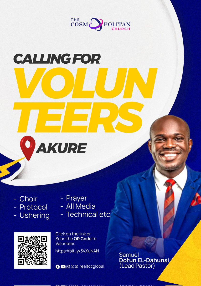 dotuneldahunsi's tweet photo. As we move to the next phase of the commencement of the Church, and knowing fully well that we can't do this work alone, we therefore solicit that you volunteer to walk this path with us. Luke 10:2.
Use https://t.co/jaO4aiUBY9 or scan barcode.
#TCC
#TCCπ
#TheCosmopolitanChurch https://t.co/AGSCA66q3n