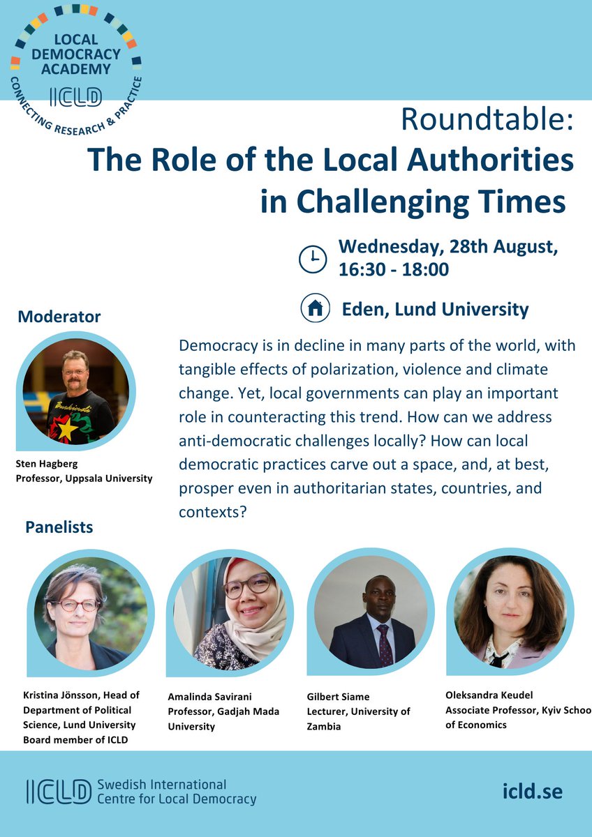 Welcome  to the Local Democracy Academy Round-Table: "The Role of Local  Authorities in Challenges Times," Wednesday 28/8, 16.30-18.00,  Eden, <a href="/Lundsuni/">Lunds universitet</a> If you are around, please join. The Round-Table, hosted by <a href="/ICLD_Sweden/">ICLD</a>, is open to the public.
icld.se/en/kampanj/loc…