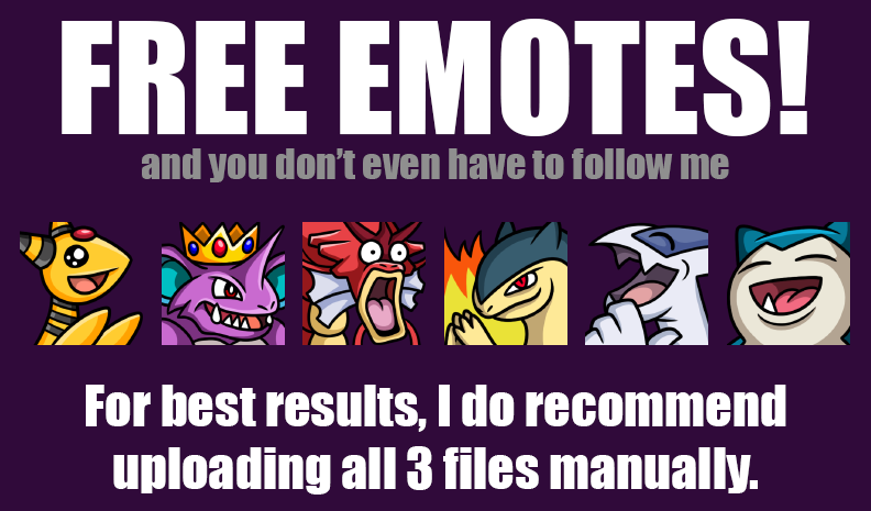 Gromfalloon's tweet photo. FREEMOTE FRIDAY!

I'm proud of my Pokemon SoulSilver team of silly misfits, so I made emotes to celebrate. Please feel free to use any, but please do attribute them to me if possible. <3

More Pokemon in the future.

Retweets appreciated!

Download here: https://t.co/0OXUHizIW8 https://t.co/gvBia0SWt8