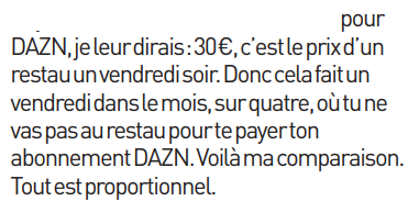 MPGLaurent's tweet photo. J'ai lu les 2 interviews de Laurent Nicollin dans @lequipe et @le_Parisien et je suis totalement dépité... Comment un président de Ligue1, qui vit dans le foot depuis son enfance, peut tenir de tels propos?

Sa comparaison avec le prix d'un resto par mois pour l'abonnement DAZN (et en plus il parle de 30€ alors que c'est plutôt 40€) est tout simplement lamentable!

Il se rend compte de la situation de beaucoup aujourd'hui qui le 15 du mois ne peuvent déjà plus faire les courses? Alors parler "de 1 resto par mois" c'est tout simplement indécent!

Et puis il ne comprennent pas, lui et ses amis, qu'au-delà de "l'offre et la demande" comme il dit, il y a aussi une question de valeur du produit. J'ai le sentiment qu'en le lisant, il occulte le fait que la #Ligue1, même si on l'aime tous, ne vaut POUR AUCUNE PERSONNE SENSEE 40€ ou même 30€ par mois! 

Car pour beaucoup il y a la question du prix (et pas seulement depuis cet été) mais maintenant il y a aussi une question de principe... 

#DroitsTV #DAZN #Ligue1