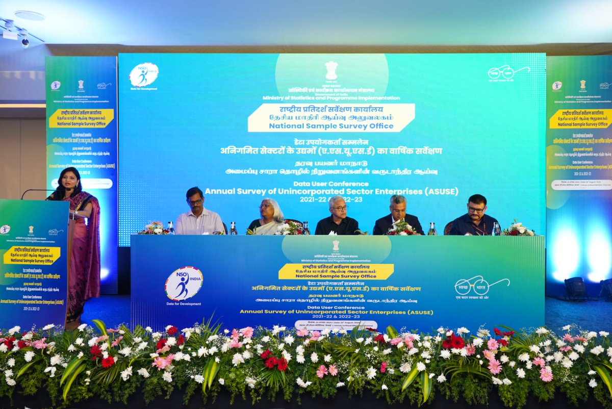 GoIStats's tweet image. MoSPI is organising one-day Data User Conference for Annual Survey of Unincorporated Sector Enterprises (ASUSE) 2021-22 & 2022-23 today, August 23, 2024, at Le Royal Meridien, Chennai! The inaugural session featured a presentation on ASUSE, with keynote (1/3)