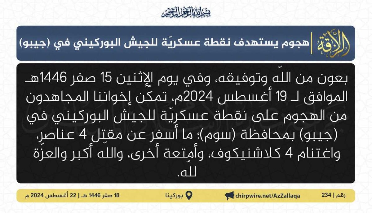 ous_bk's tweet photo. #Burkina
Preuve que la sécurité est au plus bas: les attaques sur nos militaires sont quotidiennes. Le #JNIM a attaqué nos FDS à #Djibo les 19 et 22 août, faisant 5 morts, et à #Bari le 21, faisant 11 morts. De toute évidence, il faut changer quelque chose! https://t.co/nk2Uk1Oo61