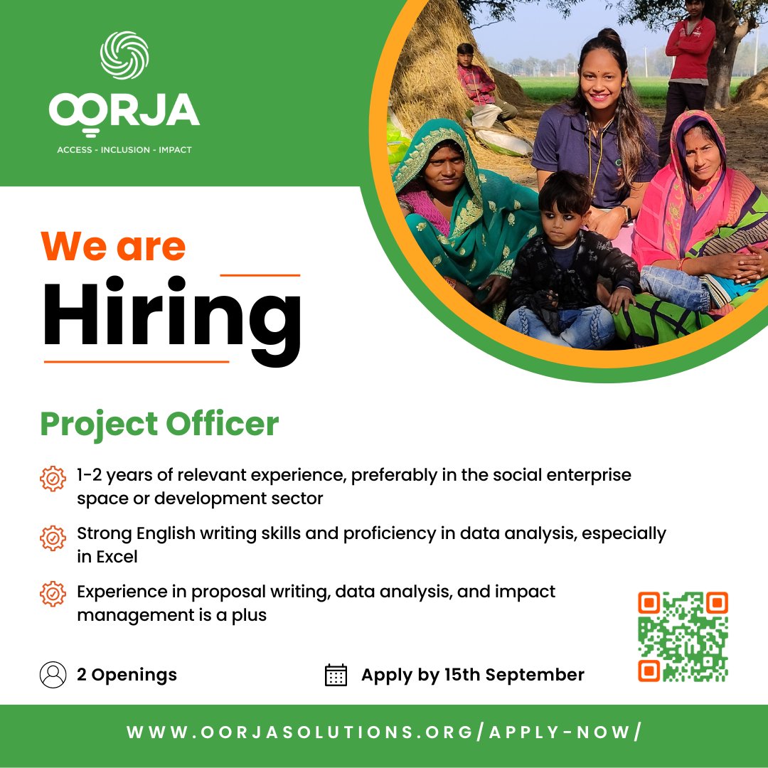 Oorja is looking for a Project Officer with 1-2 years of experience in writing &amp; data analysis to support our Project Management team. Preference for female candidates.

Full JD: rb.gy/scahle
Apply by 15th September: oorjasolutions.org/apply-now