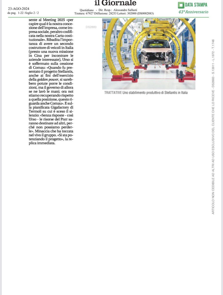 CislNazionale's tweet photo. Alcuni articoli oggi su quotidiani nazionali con la posizione espressa ieri dal leader Cisl #LuigiSbarra a Rimini al Meeting di Cl, sui mancati investimenti di Stellantis in Italia. https://t.co/CYhlhyXnLw