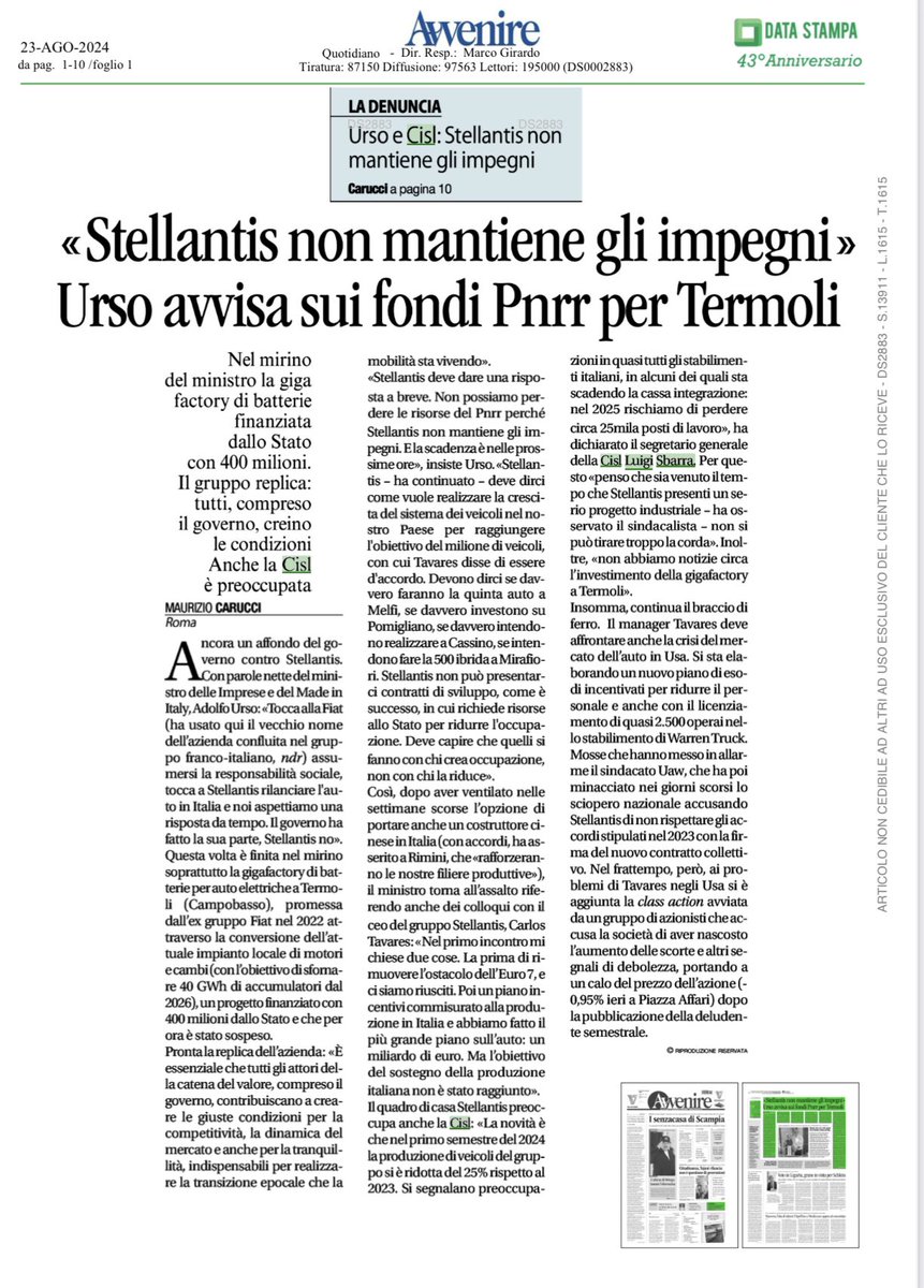 CislNazionale's tweet photo. Alcuni articoli oggi su quotidiani nazionali con la posizione espressa ieri dal leader Cisl #LuigiSbarra a Rimini al Meeting di Cl, sui mancati investimenti di Stellantis in Italia. https://t.co/CYhlhyXnLw
