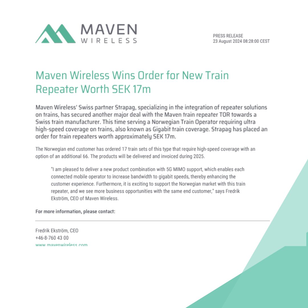 MavenWireless's tweet photo. We’re excited to announce that Maven Wireless' Swiss partner, Strapag, has secured a order worth approximately SEK 17 million to supply Maven train repeaters for a Norwegian train operator, ensuring ultra high-speed Gigabit coverage on trains. The products will be delivered and invoiced during 2025.

Learn more here: https://t.co/3wZ3SUqwqv