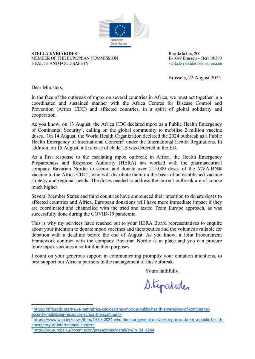 I have written to 🇪🇺 Health Ministers regarding plans to donate #mpox vaccines &amp; therapeutics.

➡️🌍 solidarity is key to facing global health threats.

We count on Member States to support our African partners in managing the outbreak.

<a href="/EU_Commission/">European Commission</a> stands ready to coordinate.