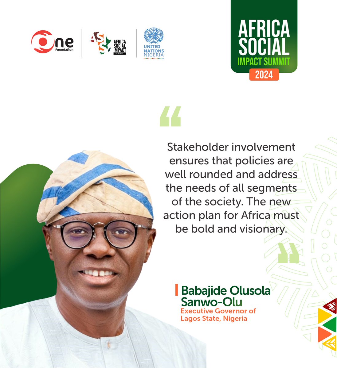At ASIS 2024, The Governor of Lagos State,  Babajide Sanwo-olu called for bold and visionary policies that include stakeholder involvement to ensure that the needs of all societal segments are met. 

#ASIS2024 #SustainableDevelopment #Partnerships
