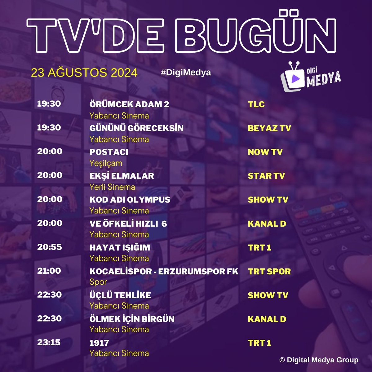 novamedyatr's tweet photo. Tv'de bugün | 23 Ağustos Cuma #DigiMedya https://t.co/YMrJkZHA7R