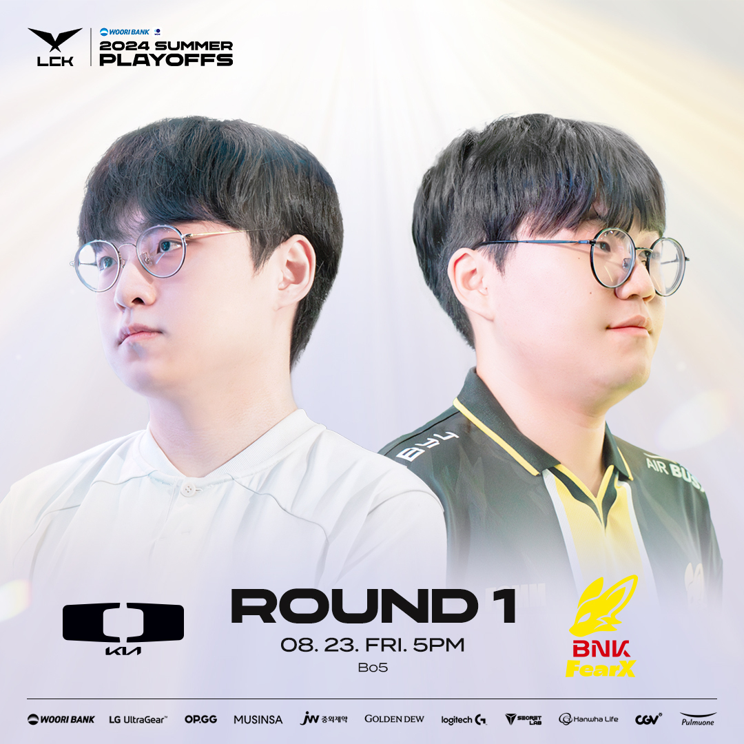 LCK's tweet photo. WOORI BANK 2024 #LCK SUMMER PLAYOFFS ROUND 1

@DplusKIA 🆚 @FearXBusan 

📺 https://t.co/wfe4IlMZab
🔴 https://t.co/divCtriDTt https://t.co/EyRNHDcNbT