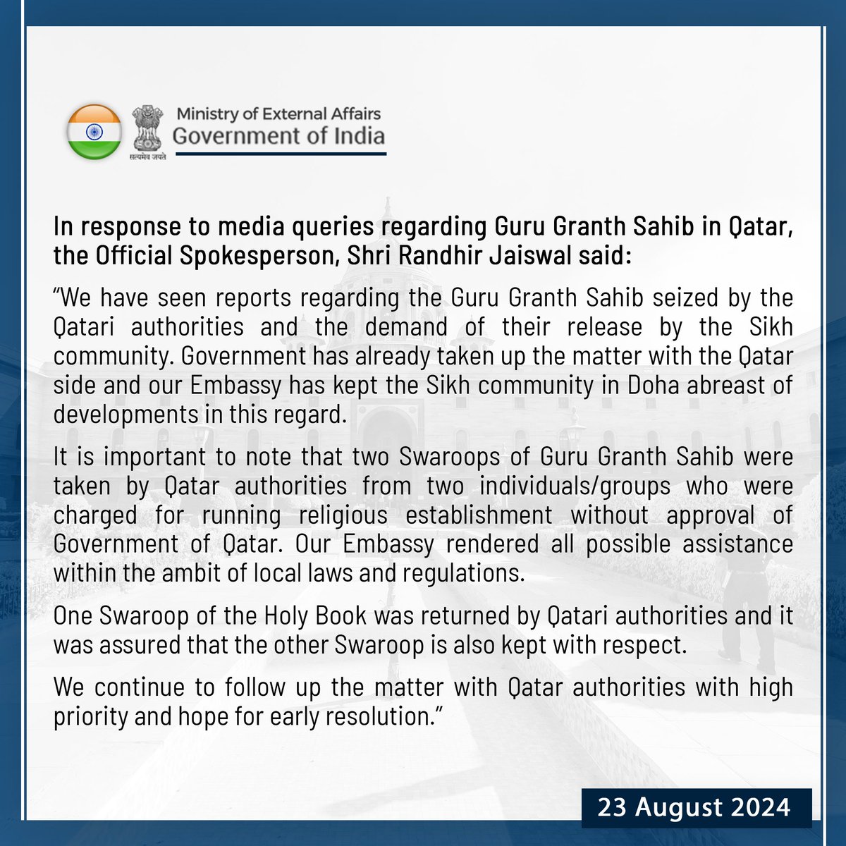 MEAIndia's tweet photo. Our response to media queries regarding Guru Granth Sahib in Qatar:

https://t.co/IMbwwSv1cI https://t.co/0U9yQRlAo8