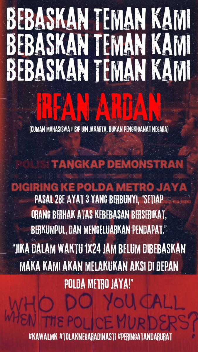 kating gua diculik polisi dan sampe sekarang belum dibalikin, tolong bantu ramein ya biar semua temen temen yang belum kembali segera dikembalikan dengan utuh dan tanpa cacat