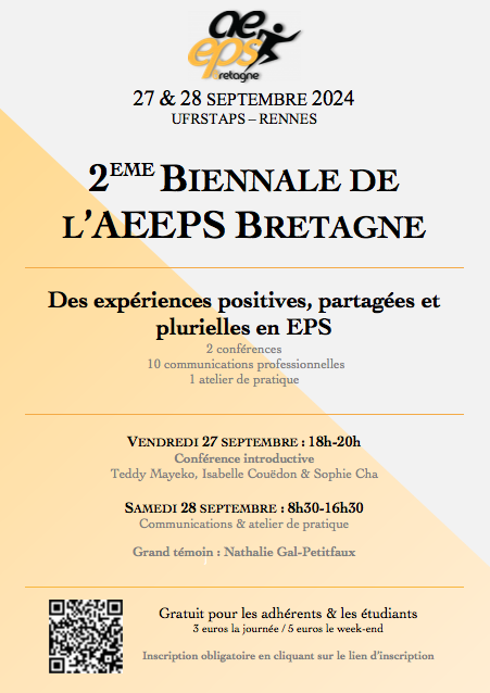Aeeps_Bretagne's tweet photo. Les 27 et 28 septembre à RENNES : 2ème biennale de l'AEEPS BRETAGNE !
- Des conférences de T. Mayeko, I. Couedon, S. cha &amp; N. Gal-Petitfaux.
- Des communications d'enseignants.
- Inscriptions obligatoires : https://t.co/oZeJ8KPqMA
- Gratuit pour les adhérents et les étudiants! https://t.co/5QFq4spY1v
