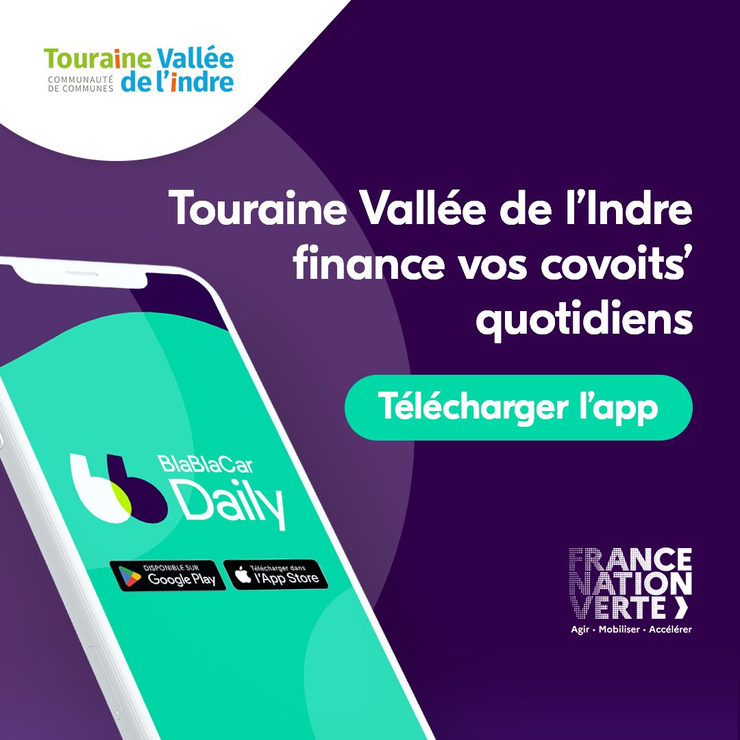 🚗Nouveau partenariat Touraine Vallée de l'Indre x BlaBlaCarDaily !

Dès le 16 septembre :
👉Conducteurs : Recevez 2€+ par trajet.
👉Passagers : Voyagez pour 0,50€.

Téléchargez BlaBlaCarDaily : blablacardaily.com/telechargement🌍💸

#Covoiturage #MobilitéDurable