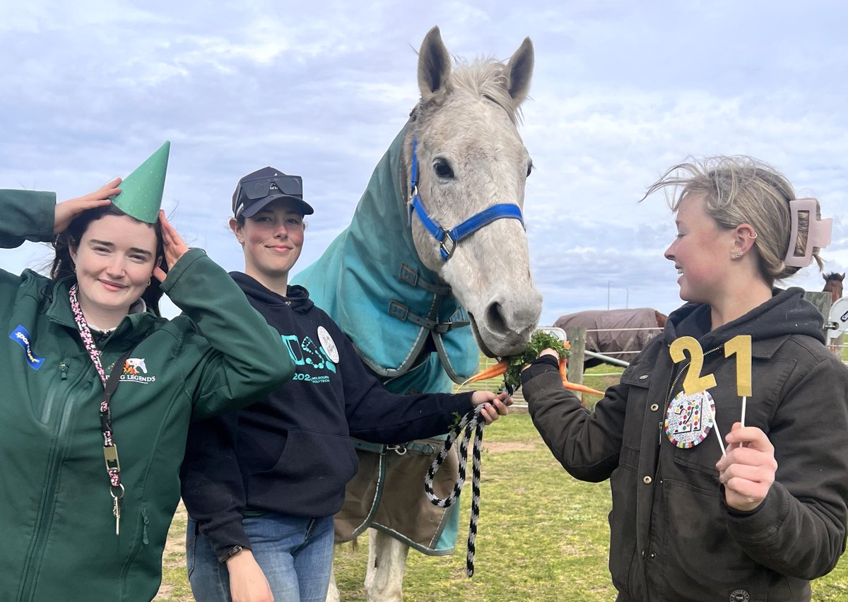 LivingLegendsAU's tweet photo. 🥕 🎂 Happy 21st Efficient!
Today is a special day as we celebrate the birthday of the 2007 #MelbourneCup winner, Efficient (aka Fish). Our legend is turning 21 and celebrating with some Dutch Carrots and the students from #LearningWithLegends - Bailey, Gracie, and Teagan! 🥕🎂 https://t.co/XH1AKDoj1K