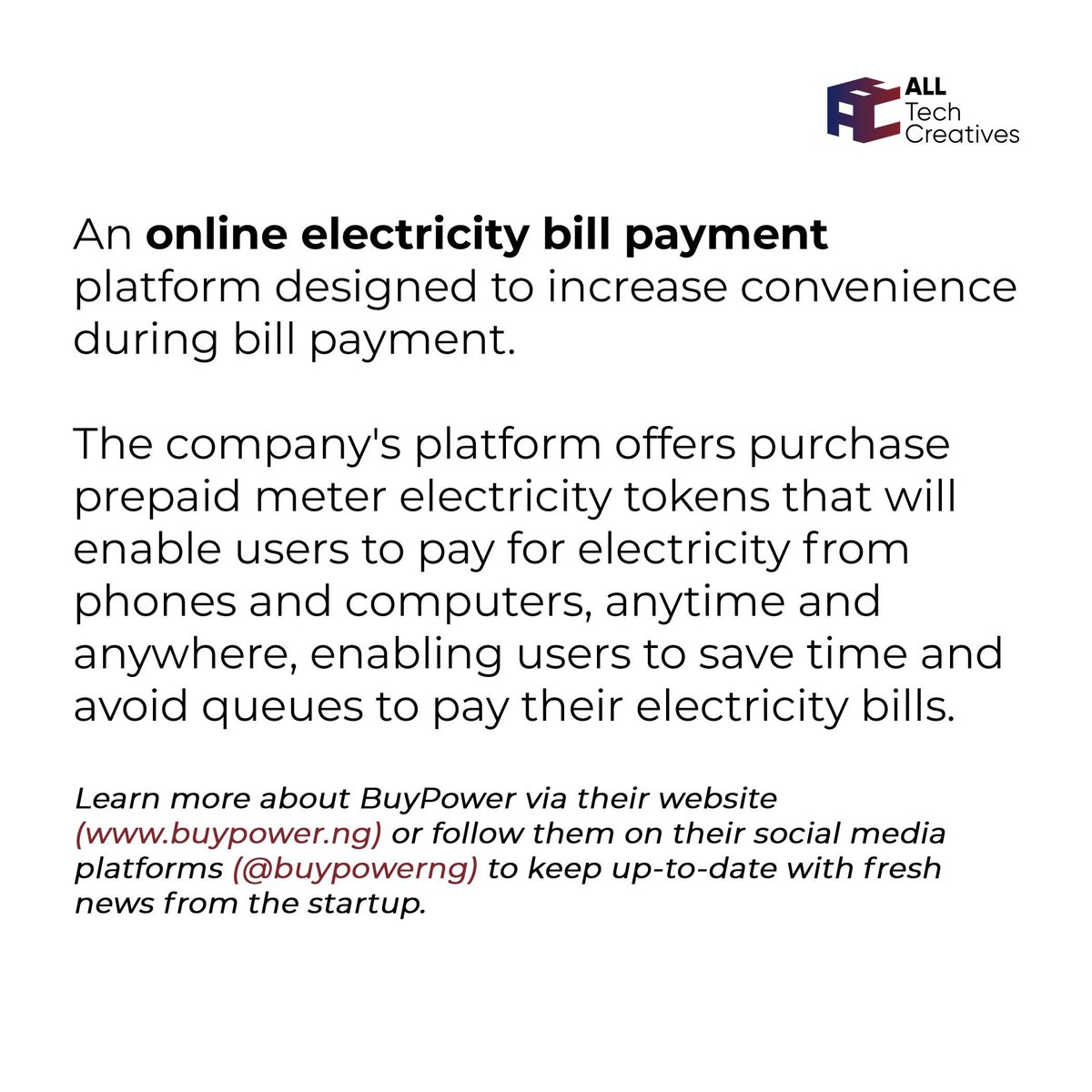 TechAbuja's tweet image. BuyPower.NG is a leading platform that simplifies paying for electricity bills online. Experience the convenience of instant electricity token delivery without the hassle of long queues. #OnlinePayment #ElectricityBilling #AllTechCreatives #TechAbuja