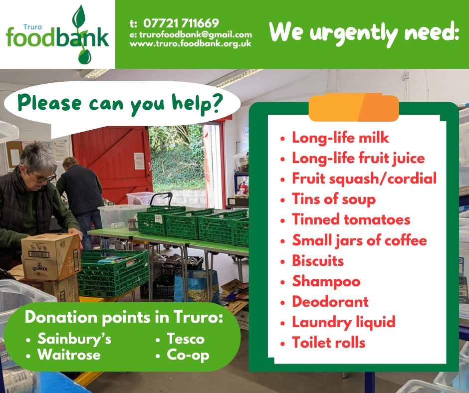 📷 Since the start of 2024 over 6.5 tonnes of food has been given to people in need in Truro and mid Cornwall. 
📷 When you are shopping this weekend, if you could donate an item or 2 from the list, you will be helping local people in need. Our stocks are low - we need your help.