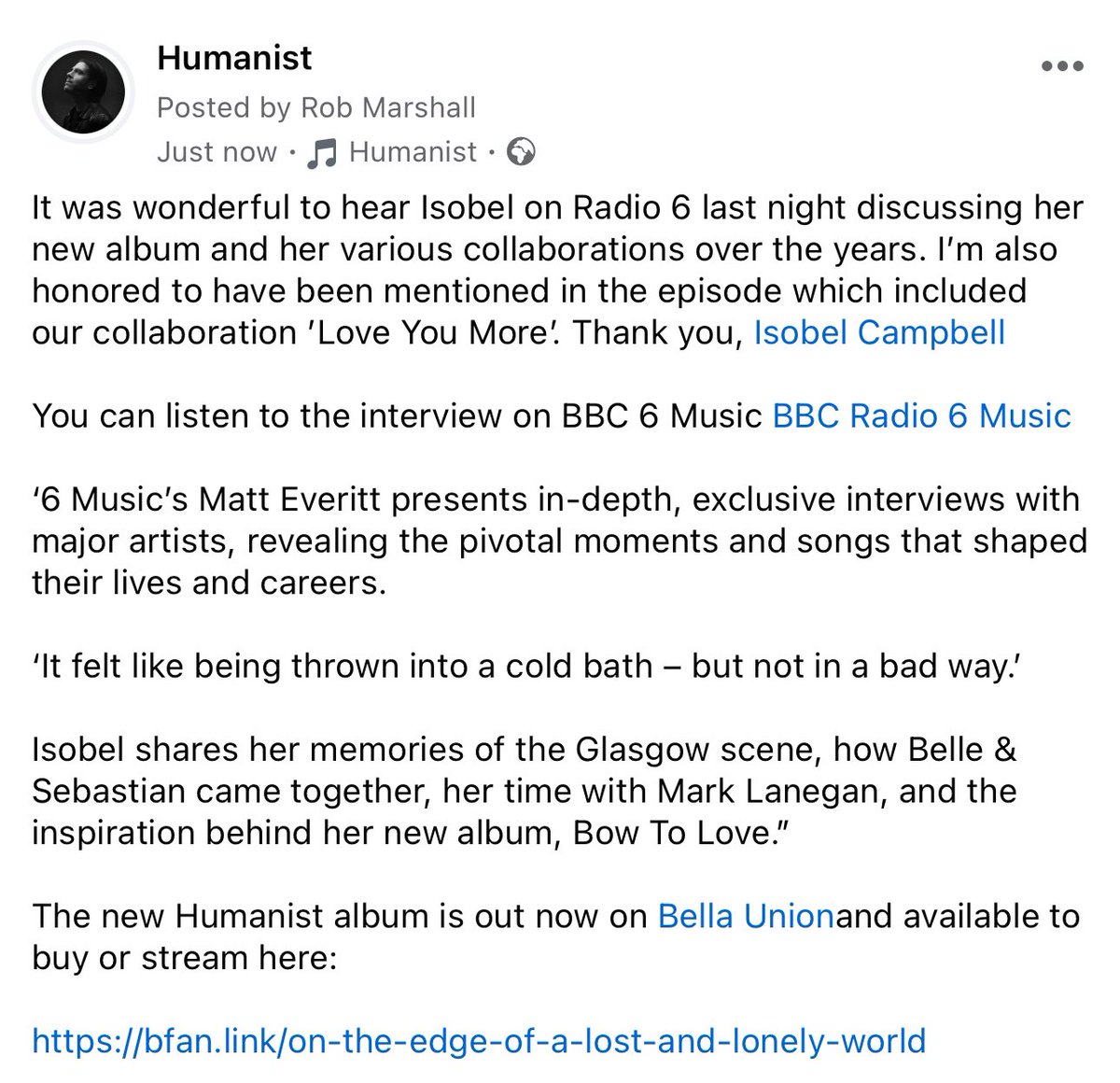 humanist_uk's tweet photo. Thank you @Isobel_Campbell @BBC6Music @matteveritt for the mention and playing our collaboration ‘Love You More’.

The new album  ‘On The Edge Of A Lost And Lonely World’ is out now on @bellaunion and is  available to buy or stream here:

https://t.co/9BNVDF0hSH https://t.co/EbtNBw2l7R