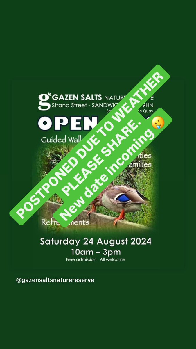 Gazen Salts Nature Reserve (@gazen_salts) on Twitter photo Nature has decided- not this weekend. Thanks to those who retweeted our posts about tomorrow’s open day at Gazen Salts. Please share news of the cancellation <a href="/DoverDC/">Dover District Council</a> <a href="/VisitDover/">White Cliffs Country</a> <a href="/Sandwichbirdobs/">SBBOT</a> Nature has decided- not this weekend. Thanks to those who retweeted our posts about tomorrow’s open day at Gazen Salts. Please share news of the cancellation <a href="/DoverDC/">Dover District Council</a> <a href="/VisitDover/">White Cliffs Country</a> <a href="/Sandwichbirdobs/">SBBOT</a>