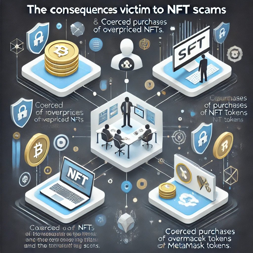 NFT詐欺の被害に遭うとどうなる？

1️⃣ NFTが盗まれる
ウォレットに侵入され
大切なNFTがスキャマーに盗まれるケースが多発しています
一度盗まれると取り戻すのは非常に困難です。

2️⃣ 高額なNFTを購入させられる
偽の投資話や誇大広告に騙され
高額なNFTを購入させられることがあります。