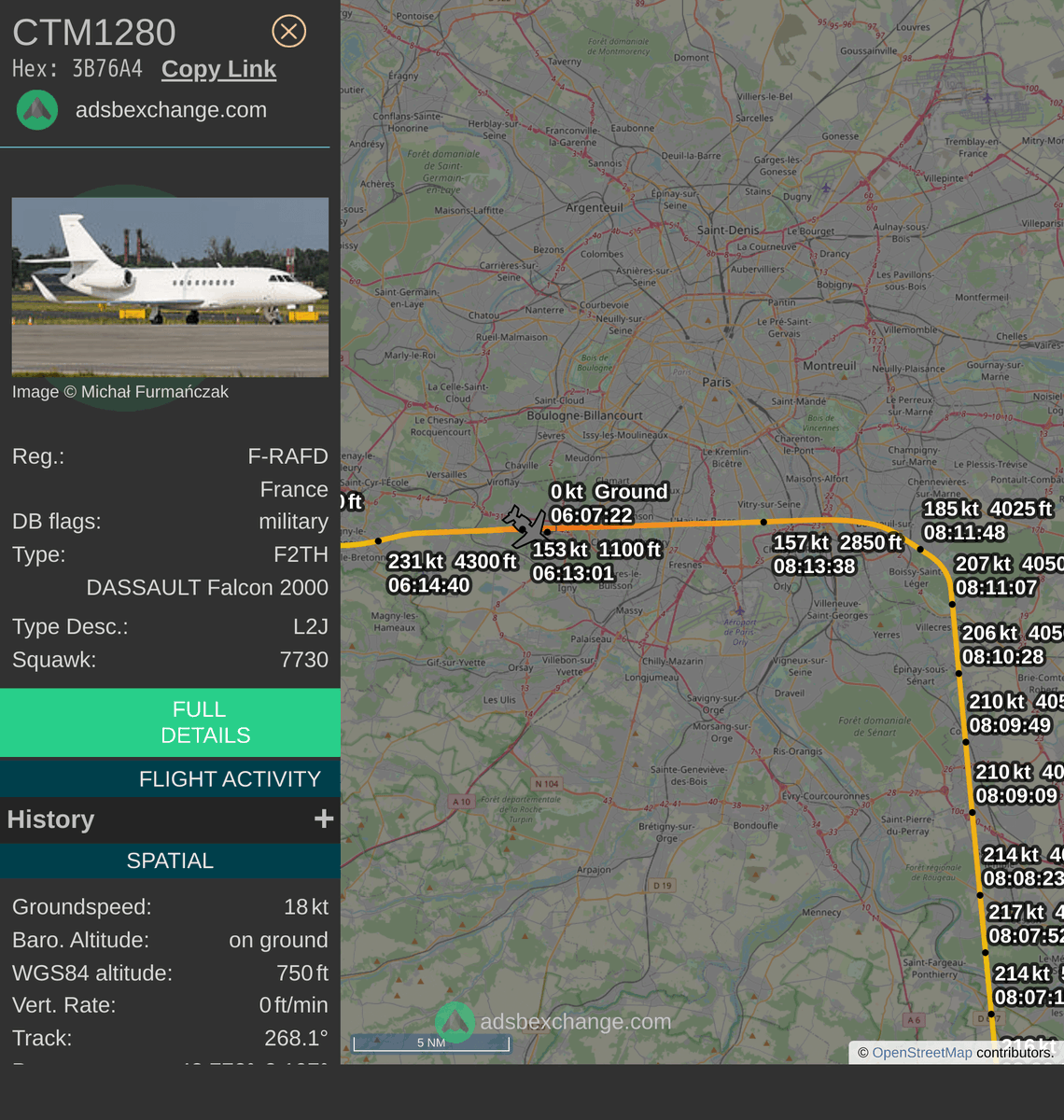 FlottePresident's tweet photo. 🛬 Le Dassault Falcon 2000LX 🇫🇷 République Française immatriculé #FRAFD a atterri près de Villacoublay/Vélizy, France.

📋 Bilan (estimation) :
~ 1h10 de vol
~ 573 km parcourus
~ 900 kg de carburant consommé

Revoir ce vol #CTM1280 : https://t.co/TsXMKAxWhb https://t.co/u1SM64X95j