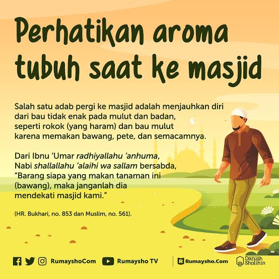 Perhatikan aroma tubuh jika hendak shalat berjamaah di Masjid. 

Pandailah merawat diri. 

Simak (HR. Bukhari:853 &amp; HR. Muslim:561)