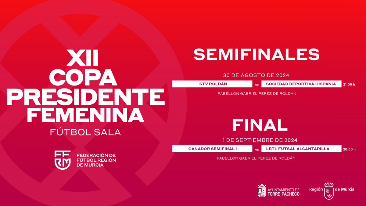 ffrm_es's tweet photo. 🏆 #CopaPresidenteFem | 🤩 ¡Todo a punto para disfrutar de la XII edición de la Copa Presidente FFRM de fútbol sala femenina en Roldán 👌!

🗓️ SEMIFINALES: 30 de agosto ⌛
- @RoldanFSF 🆚 @sd_hispania

🗓️ FINAL: 1 de septiembre ⏳
- Ganador semifinal 1 🆚 @LBTLFutsal 

😌 ¡Se viene una apasionante Copa! ℹ️ https://t.co/EwxDGAxMmi