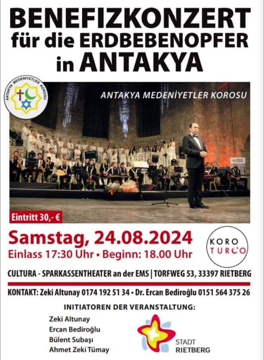 Med_Korosu's tweet photo. ALMANYA

📆 24 Ağustos 2024, Cumartesi 
⏰ 18:00
📍 Cultura - Sparkassentheater an der Ems
Torfweg 53, 33397 RIETBERG.

📞 0174 192 51 34 - Zeki Altunay 
       0151 564 375 25 - Dr.Ercan Bediroğlu https://t.co/Wp77YEEpDK