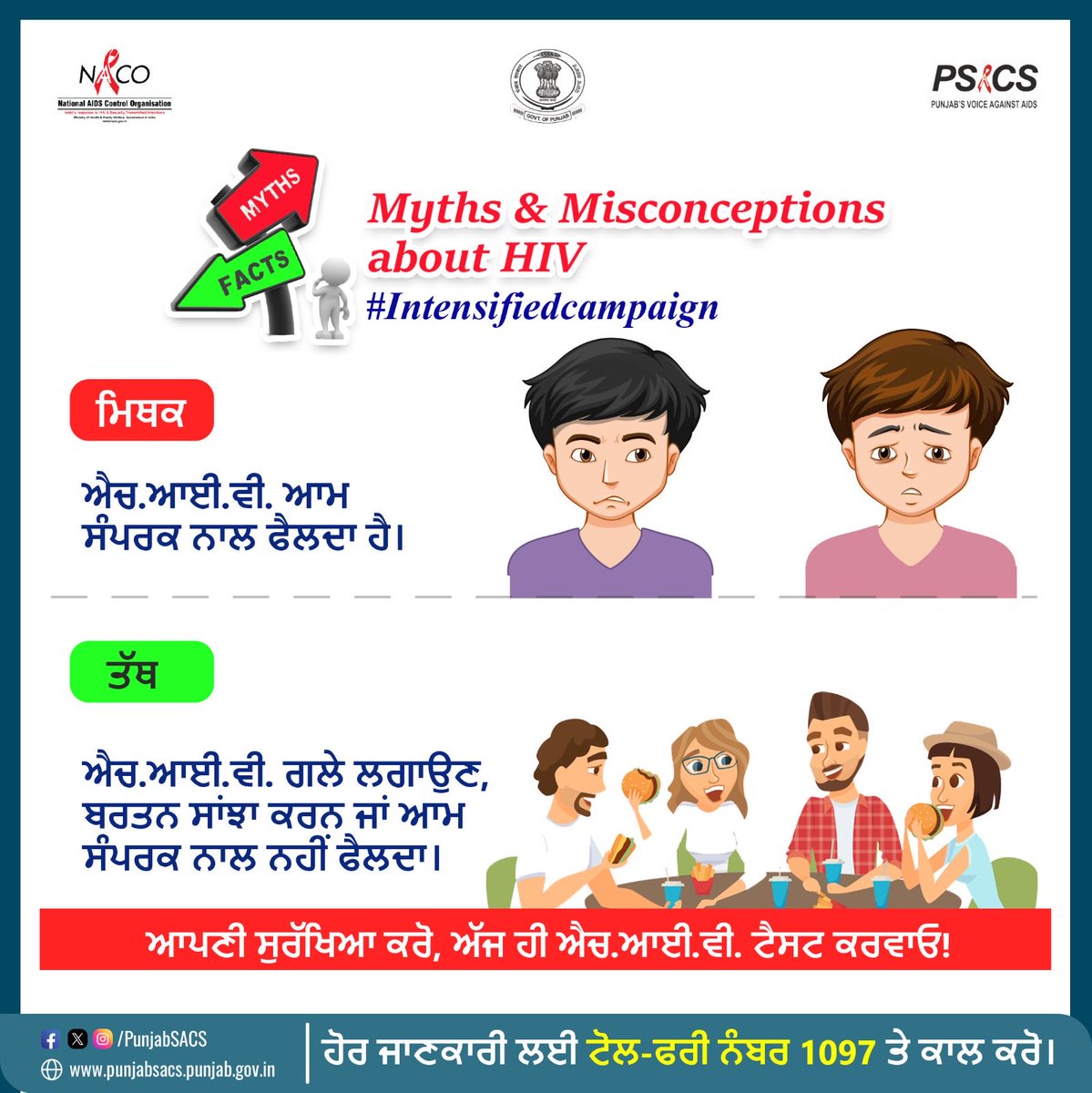 punjabsacs's tweet image. #Intensifiedcampaign

ਐਚ.ਆਈ.ਵੀ. ਆਮ ਸੰਪਰਕ ਨਾਲ ਫੈਲਦਾ ਹੈ।

ਐਚ.ਆਈ.ਵੀ. ਗਲੇ ਲਗਾਉਣ, ਬਰਤਨ ਸਾਂਝਾ ਕਰਨ ਜਾਂ ਆਮ ਸੰਪਰਕ ਨਾਲ ਨਹੀਂ ਫੈਲਦਾ।

ਆਪਣੀ ਸੁਰੱਖਿਆ ਕਰੋ, ਅੱਜ ਹੀ ਐਚ.ਆਈ.ਵੀ. ਟੈਸਟ ਕਰਵਾਓ! ਹੋਰ ਜਾਣਕਾਰੀ ਲਈ ਟੋਲ-ਫਰੀ ਨੰਬਰ 1097 ਤੇ ਕਾਲ ਕਰੋ।

#IndiaFightsHIV/STI #UseCondom #knowthefacts #RedRibbonClub #RRC