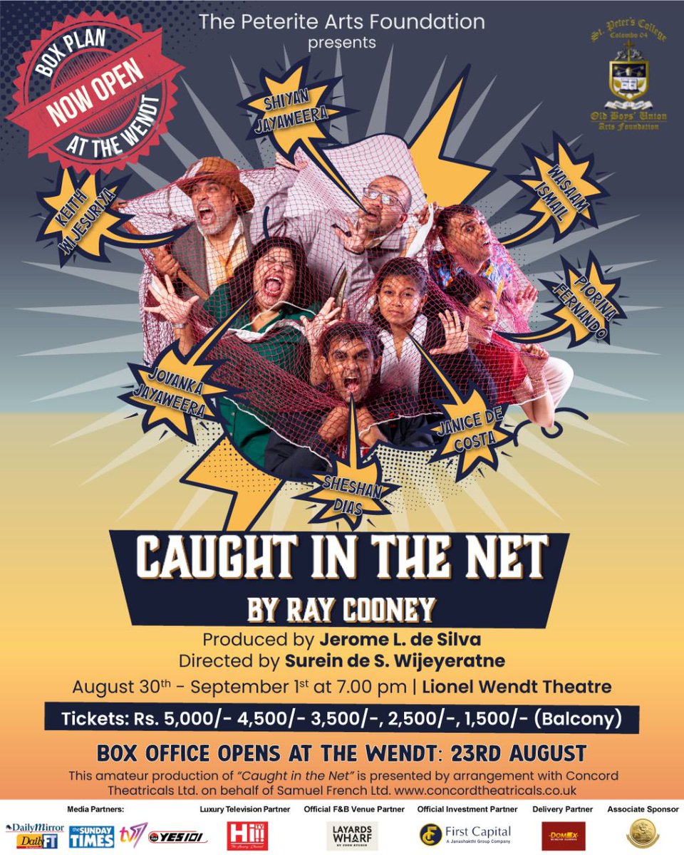 DramaSL's tweet photo. #Tickets Rs.1,500 upwards now at #LionelWendt Arts Centre, #Colombo 7 Tel. 0112-695-794 (9am-7pm)
#SriLankaNewsToday #SriLanka #SriLankaNews #PerformingArts #Performer #theatre #theater #lk #lka #CaughtInTheNet #RayCooney #comedy #fundraiser #fundraising #DramaSL #DramaSriLanka https://t.co/RmWeM07xTK