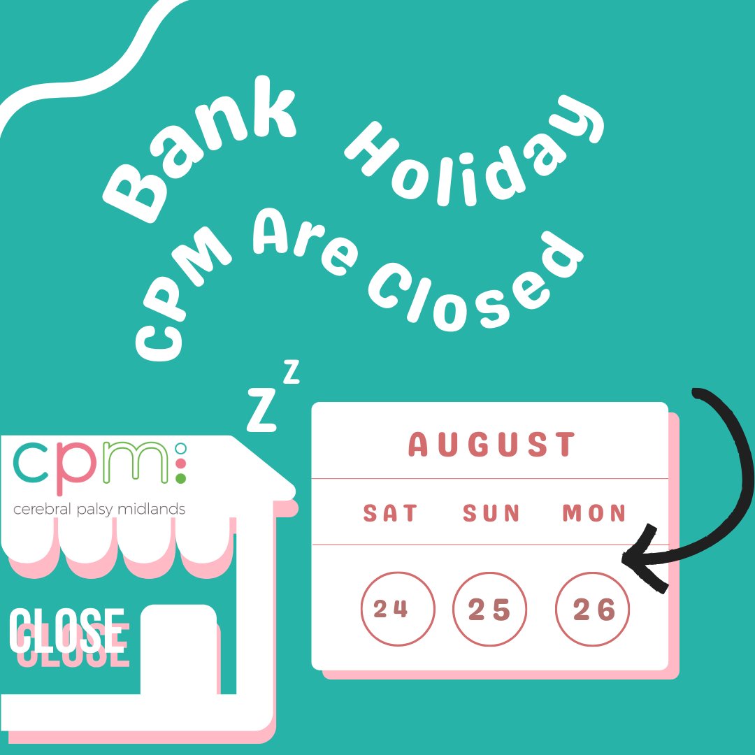 Cerebral Palsy Midlands (@cpmidlands) on Twitter photo 🌼 Just a friendly reminder! <a href="/CPMidlands/">Cerebral Palsy Midlands</a> will be closed on Bank Holiday Monday, Aug 26th. 🌞 We'll be back on Tuesday, Aug 27th at 9:00 AM! Enjoy ur weekend! 💖
#BankHoliday #SeeYouSoon #CommunitySupport #WeekendVibes #AccessibilityMatters #CPawareness #InclusiveLiving 🌼 Just a friendly reminder! <a href="/CPMidlands/">Cerebral Palsy Midlands</a> will be closed on Bank Holiday Monday, Aug 26th. 🌞 We'll be back on Tuesday, Aug 27th at 9:00 AM! Enjoy ur weekend! 💖
#BankHoliday #SeeYouSoon #CommunitySupport #WeekendVibes #AccessibilityMatters #CPawareness #InclusiveLiving