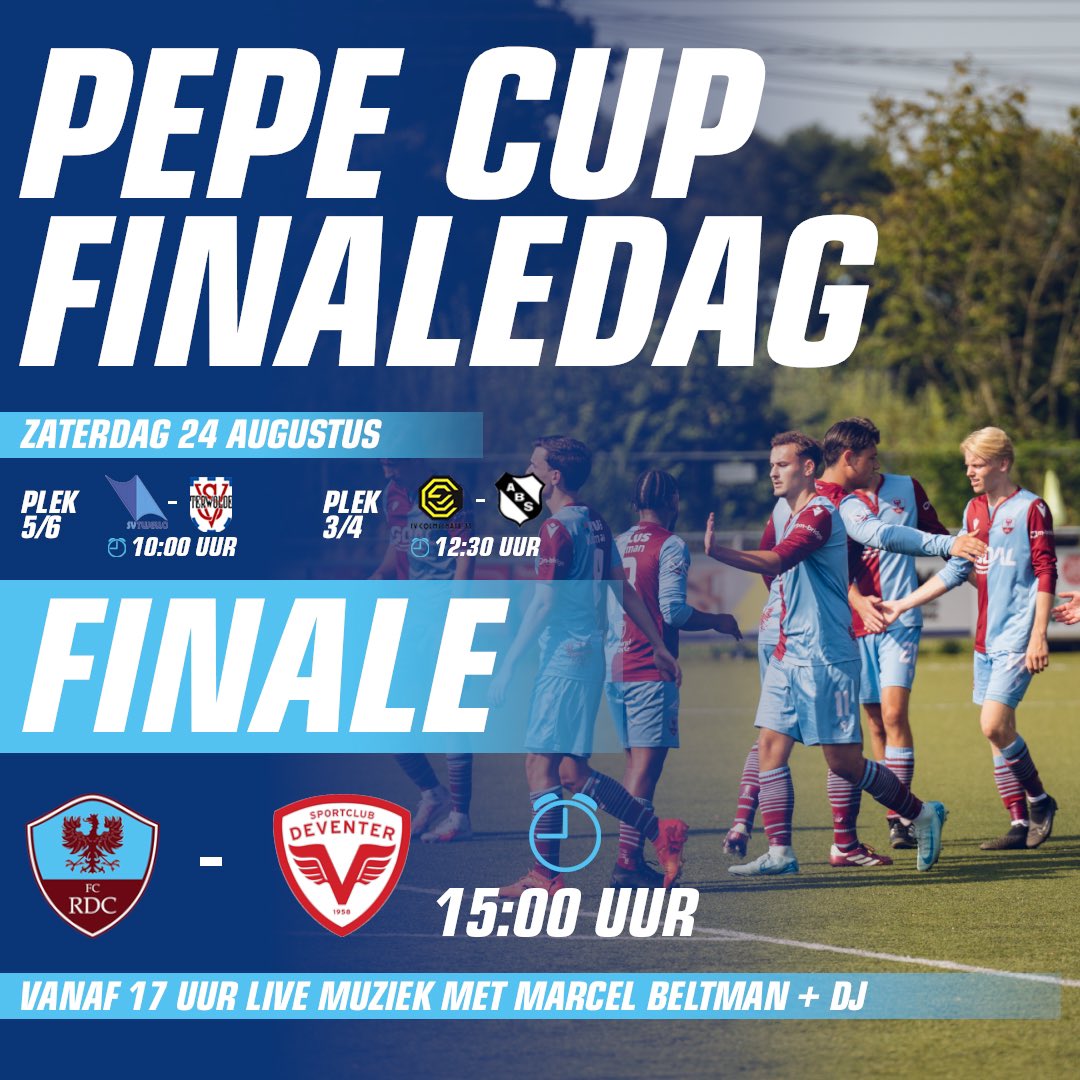𝗗𝗲 𝗳𝗶𝗻𝗮𝗹𝗲𝗱𝗮𝗴 𝘃𝗮𝗻 𝗱𝗲 𝗣𝗲𝗽𝗲 𝗖𝘂𝗽. 🏆⚽️

Een aantal mooie affiches. Ons Fc Rdc zal om 15:00 uur aftrappen in de finale tegen <a href="/SC_Deventer/">Sportclub Deventer</a>. 

Na afloop is er live muziek met Marcel Beltman + DJ. 🪩💃

Tot morgen!🔥🤝

#Fcrdc #deventer #pepecup #nextmatch