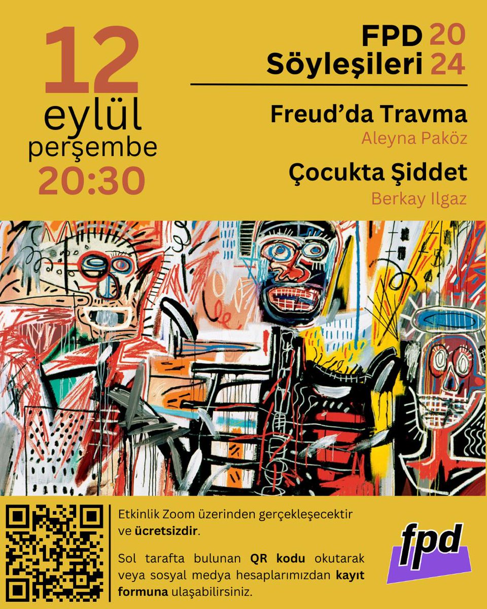 FPD mensuplarınca gerçekleştirilen söyleşilerden oluşan dizinin dördüncü oturumunda mensuplarımızdan Aleyna Paköz ve Berkay Ilgaz "Freud'da Travma" ve "Çocukta Şiddet" başlıklı sunumlarını gerçekleştirecektir.

⏰ 12 Eylül, 20:30

Başvuru formu: forms.gle/ge87wbxXU7JY8h…