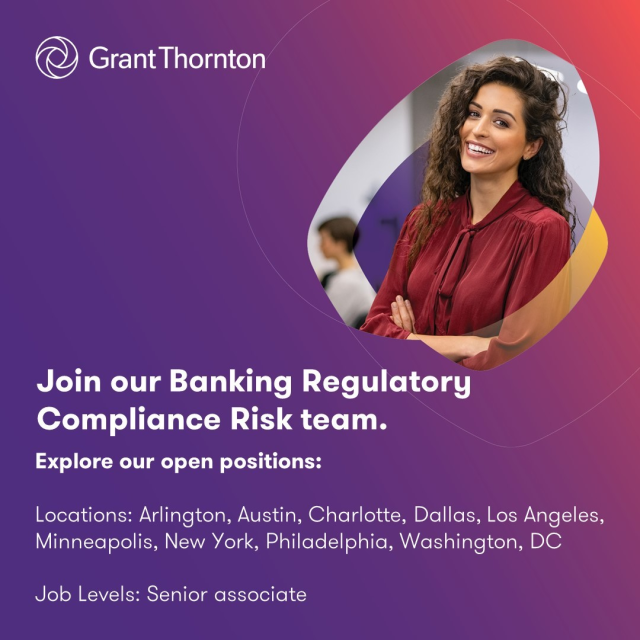 mmalarkey's tweet photo. You’re ready for the career you want. @GrantThorntonUS is here to make it a reality. Find the right banking regulatory compliance role for you and apply today. #JobOpportunity #BankingJobs #ComplianceJobs https://t.co/WtdQTWhOFt https://t.co/QOe0CRvCKc