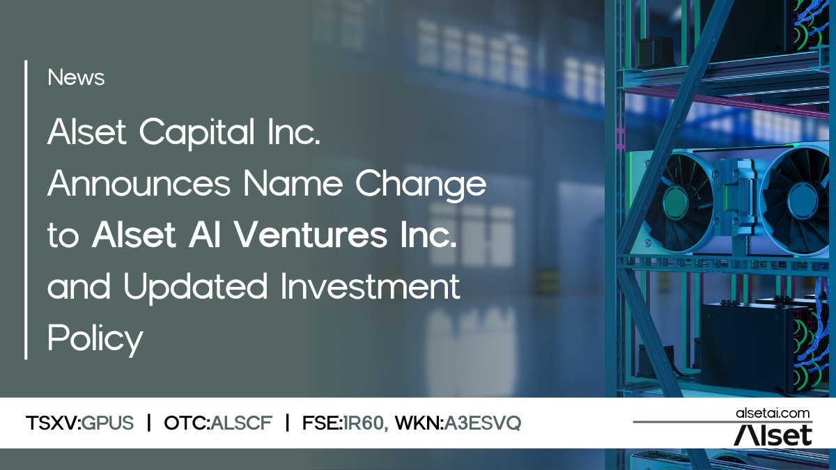 AlsetAI's tweet image. We are pleased to announce our upcoming corporate name change to “Alset AI Ventures Inc.”, along with the TSX Venture Exchange trading symbol change to “GPUS” effective August 23, 2024.
Read more about these changes here:
alsetai.com/alset-capital-…

#AI #GPUs #AIHardware #TechStocks