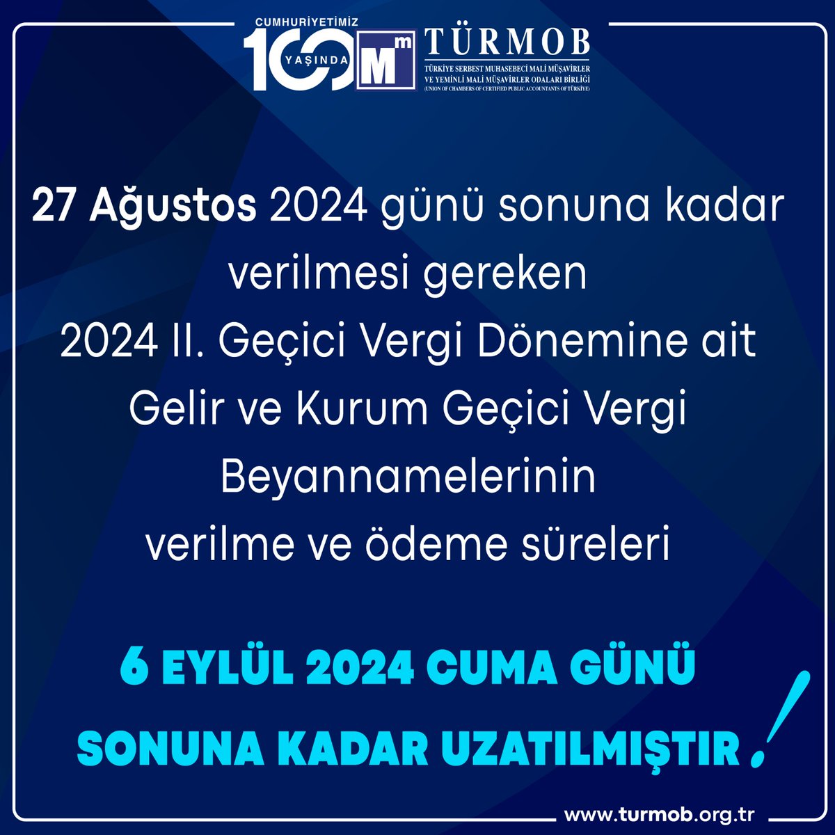 27 Ağustos 2024 günü sonuna kadar verilmesi gereken, 2024 II. Geçici Vergi Dönemine ait Gelir ve Kurum Geçici Vergi Beyannamelerinin verilme ve ödeme süreleri, 6 Eylül 2024 Cuma günü sonuna kadar uzatılmıştır.

Vergi Usul Kanunu Sirküleri /172 ➡ turmob.info/4dSKmjp

#türmob