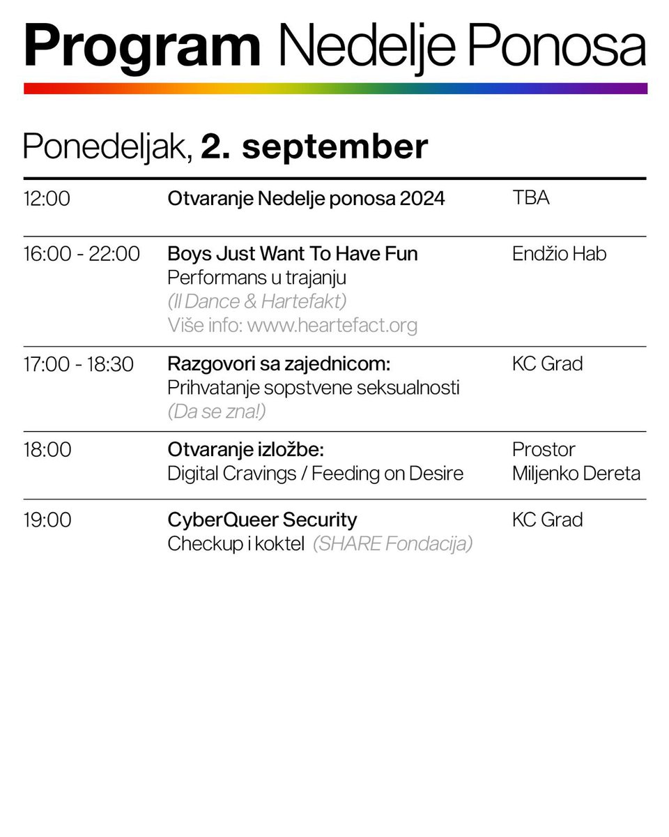 belgradepride's tweet photo. Još jedna Nedelja Ponosa je pred nama! 🏳️🌈
Vidimo se od 2. septembra, svakog dana, pa sve do 7. kada zajedno šetamo na još jednom Prajd Maršu. ⬇️
#Beograd #Prajd #PonosSuLjudi https://t.co/5gvEid6hQM