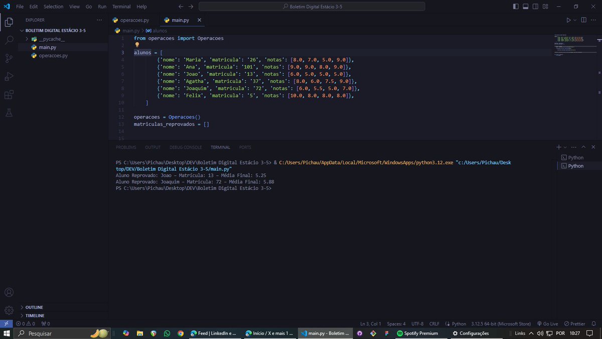 htmlcssjp's tweet image. Mostrando pra vocês o trabalho da facul que fiz em Python. Se tratava de um boletim digital, pra inserirmos as notas e ao rodar o terminal, ele iria nos informar os alunos reprovados. Fiquei bolado do João ter reprovado, quase altero mas vai que o prof não entende  a piada kkkk