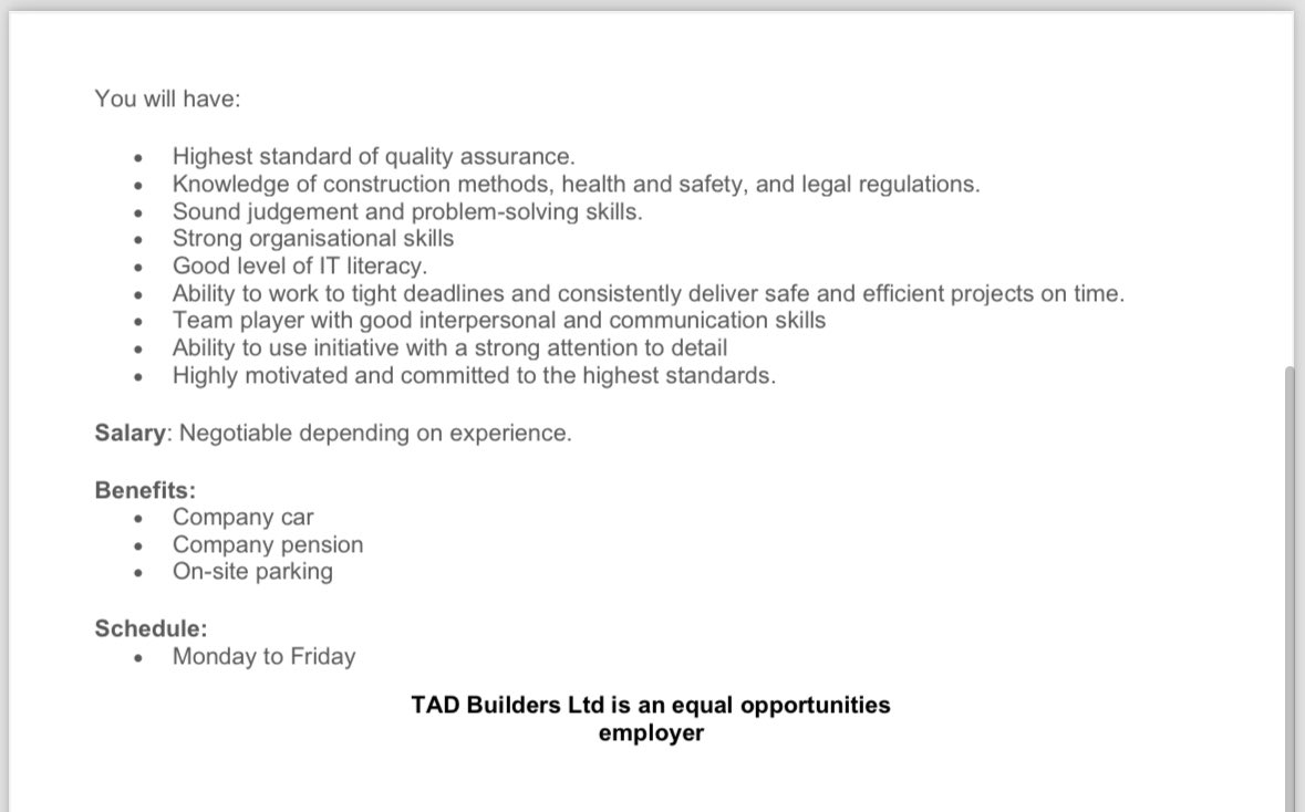 TAD Builders Ltd (@tadbuilders) on Twitter photo T.A.D Builders are looking for an experienced Site Manager to strengthen our team.
For further information please contact the office on 01554 752884 or send over a CV to office@tadbuilders.co.uk T.A.D Builders are looking for an experienced Site Manager to strengthen our team.
For further information please contact the office on 01554 752884 or send over a CV to office@tadbuilders.co.uk