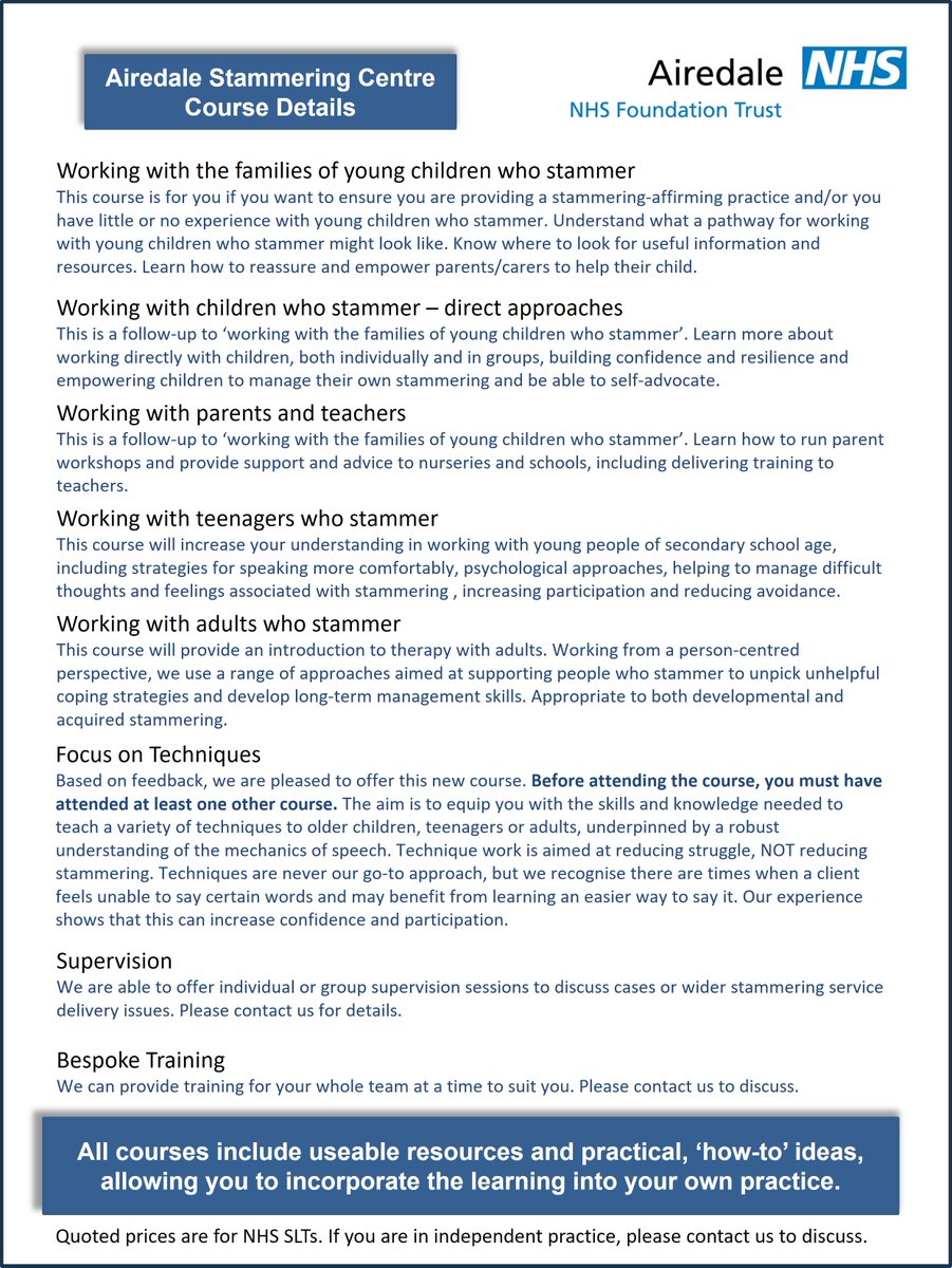 Airedale NHS Stammering Centre (@airedalestammer) on Twitter photo We are delighted to share our 2025 training timetable, including details of a brand new course! See site & thread below for details or contact airedale.stammeringtherapy@nhs.net
Please share with friends and colleagues.
<a href="/StammeringCEN/">National Stammering CEN</a> <a href="/stammer/">STAMMA</a> <a href="/RCSLTLearn/">RCSLTLearn</a>
ā¦redalestammeringtherapy.wordpress.com/training-cours⦠We are delighted to share our 2025 training timetable, including details of a brand new course! See site & thread below for details or contact airedale.stammeringtherapy@nhs.net
Please share with friends and colleagues.
<a href="/StammeringCEN/">National Stammering CEN</a> <a href="/stammer/">STAMMA</a> <a href="/RCSLTLearn/">RCSLTLearn</a>
ā¦redalestammeringtherapy.wordpress.com/training-coursā¦