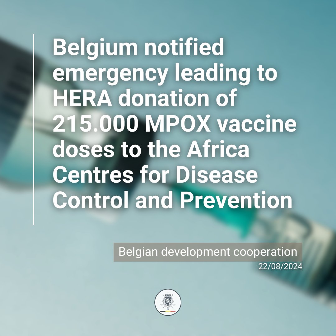 🇧🇪🇪🇺Belgium notified emergency leading to <a href="/EC_HERA/">EU HERA</a> donation of 215.000 #mpox vaccine doses to <a href="/AfricaCDC/">Africa CDC</a>.

As the virus spreads rapidly, this highlights our strong partnership and the importance of international solidarity.

[1/2] ⤵️