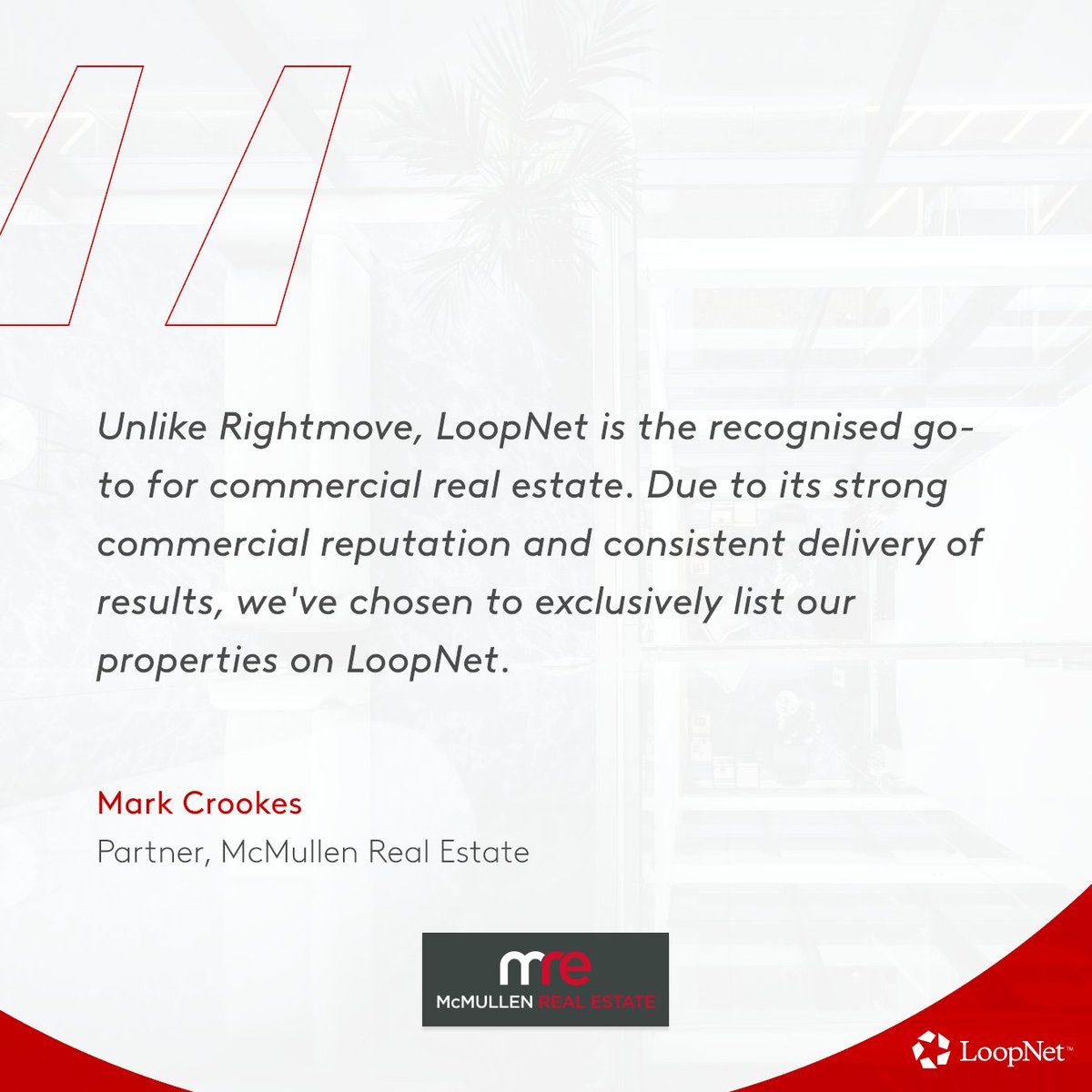 LoopNet_UK's tweet image. Mark Crookes, Partner at McMullen Real Estate, recognises the value of LoopNet!

Join McMullen Real Estate and other owners and agents reducing their time on market on LoopNet.

See how:
🔗 bit.ly/3YUDGx0