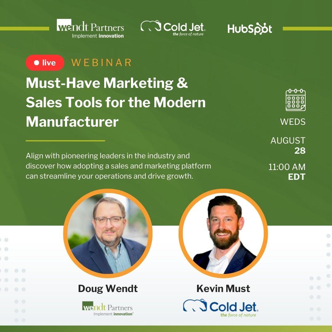 WendtPartners's tweet photo. Wendt Partners will be joined by global leader Cold Jet in exclusive partnership with HubSpot. Together, they’ll share their expertise in transforming sales and marketing processes.  Register now. https://t.co/OVJuilJlXE

#WendtPartners #ColdJet #Manufacturing #MarketingTools https://t.co/ZiPNyqzlE1