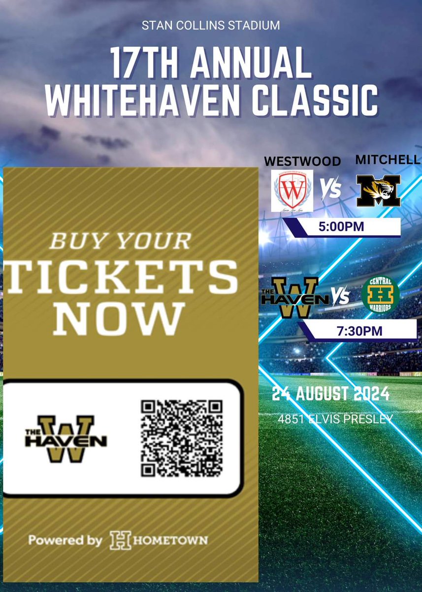 SaulsberrySr's tweet photo. Get your tickets for the 17th Annual Whitehaven Classic. Scan the QR code or click the link.
Mitchell vs Westwood at 5pm
Whitehaven vs Central at 730pm
https://t.co/R6cPO05LDf https://t.co/Kk96rEOLxn