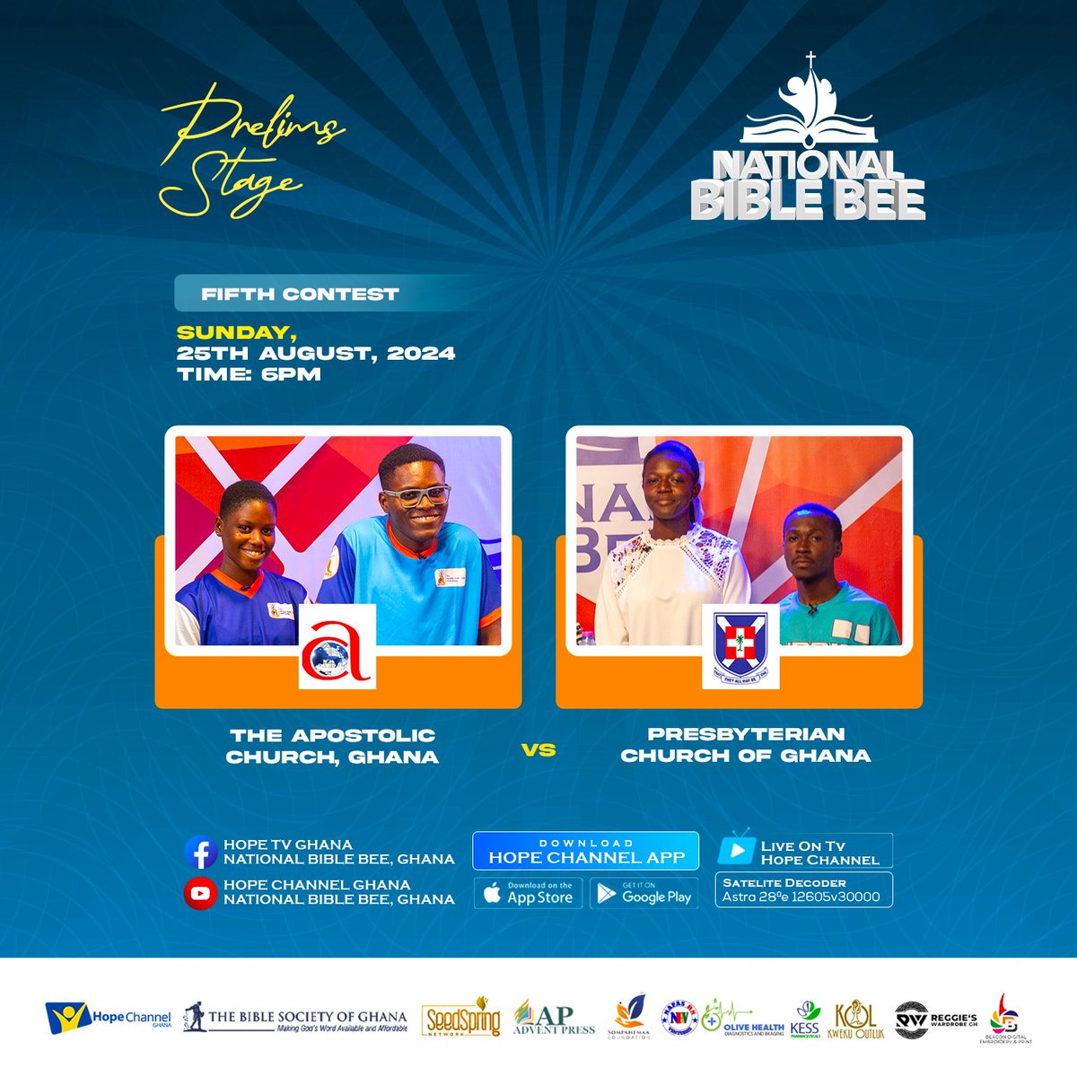 hopechannelgh's tweet photo. The countdown is on!
This Sunday, brace yourself for an epic face off in the National Bible Bee!
The Apostolic Church Ghana takes on the Presbyterian Church of Ghana in a battle where biblical knowledge meets unwavering faith.
#NationalBibleBee
#SeedSpringNetwork https://t.co/j7eiPvTlxj