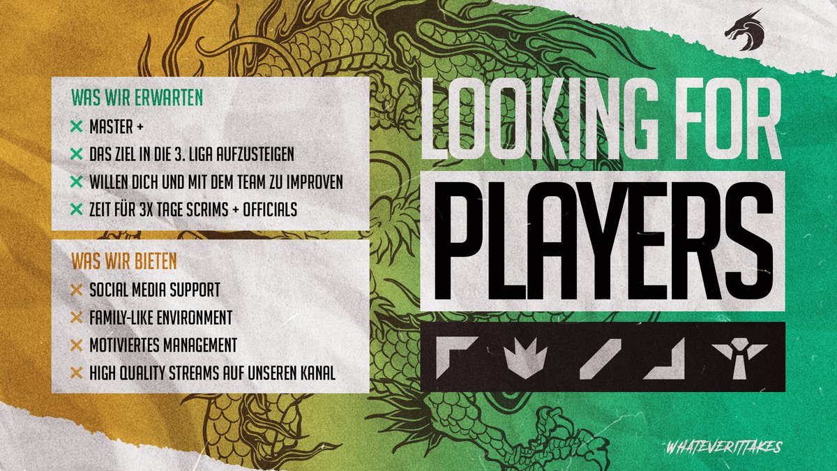 🐉KANJI LF PLAYERS LIGA 4🐉
Bist du auch so motiviert wie wir nach Liga 3 aufsteigen zu wollen und suchst nach einem neuen coolen Zuhause? Dann bist du hier genau richtig! 

Wir sind im Umbruch und für den kommenden PRM Wintersplit suchen wir für beide unserer Teams nach Spielern